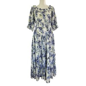 Soft Surroundings Rosana Linen Blend Floral Maxi Dress Size L Blue Tiered‎ NWT